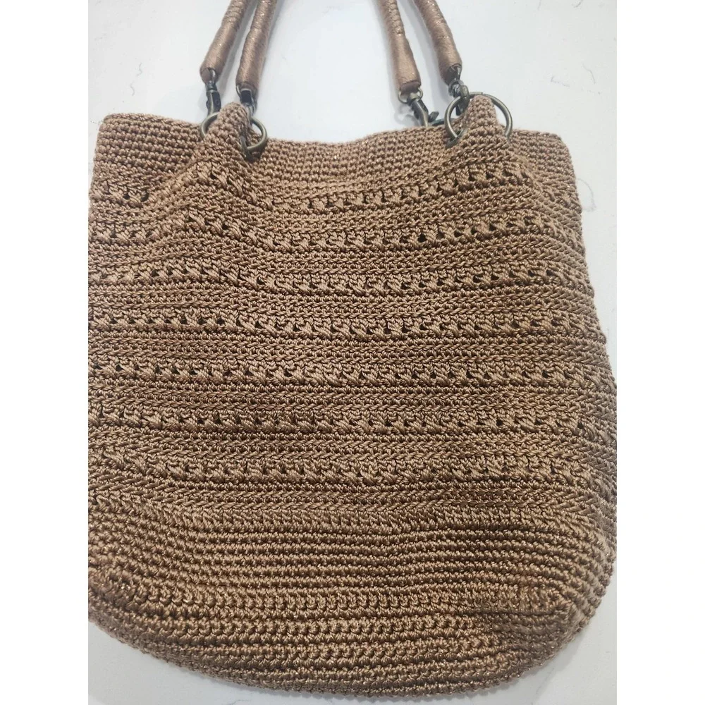 The Sak Crocheted Shoulder Bag CHESTNUT Brown With Gold Metallic Threads VTG EUC - Picture 2 of 10